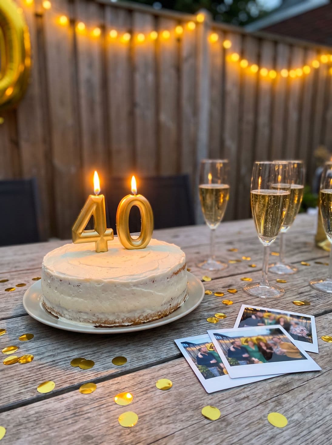 De verjaardagstaart met gouden 40-kaarsjes op de feesttafel