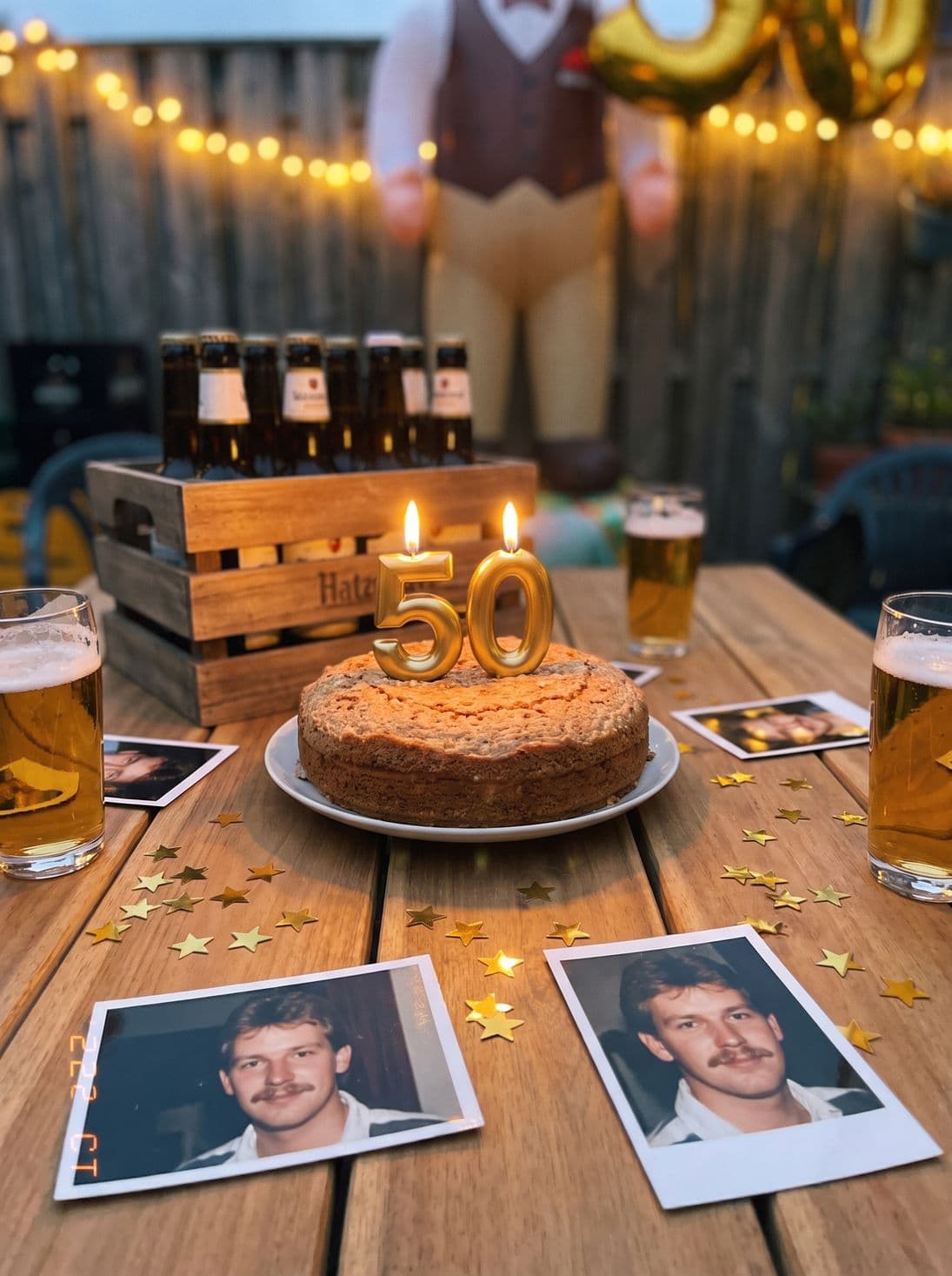 De taart met 50-kaarsjes naast oude foto's van vroeger