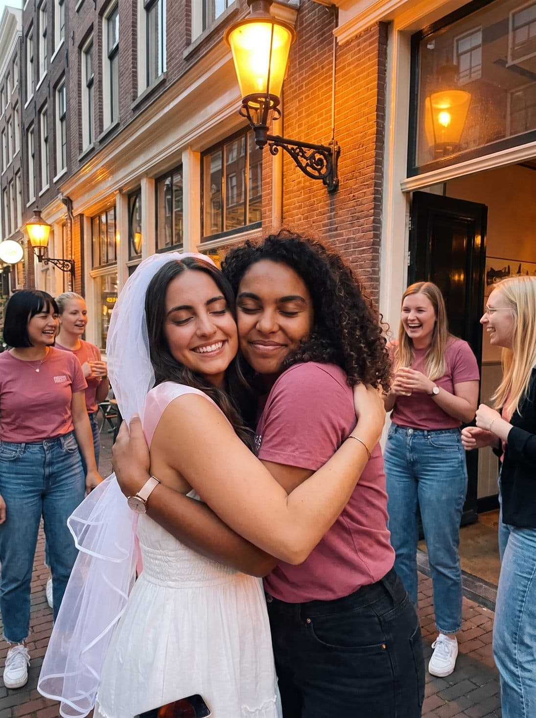 Kim en Demi omhelzen elkaar buiten het restaurant
