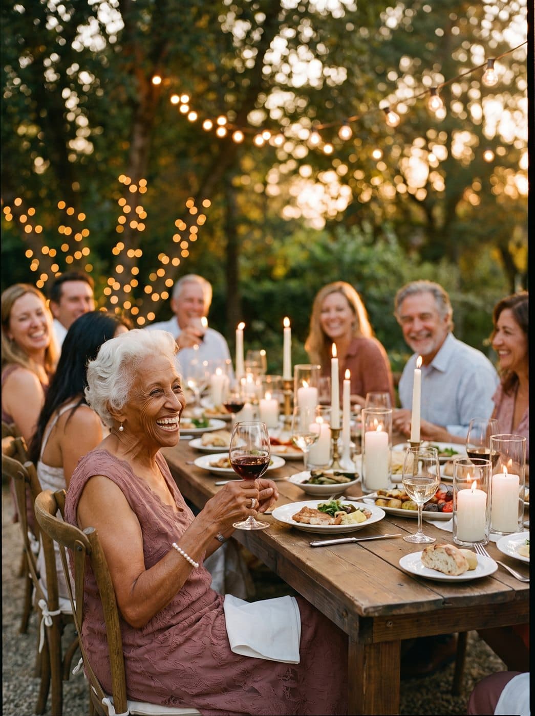 Oma aan tafel tijdens het bruiloftsfeest