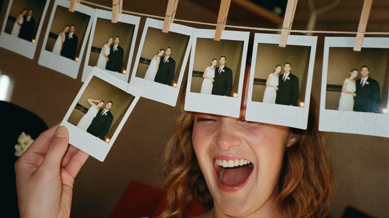 Een lachende gast houdt een polaroid omhoog voor de lijn met foto's