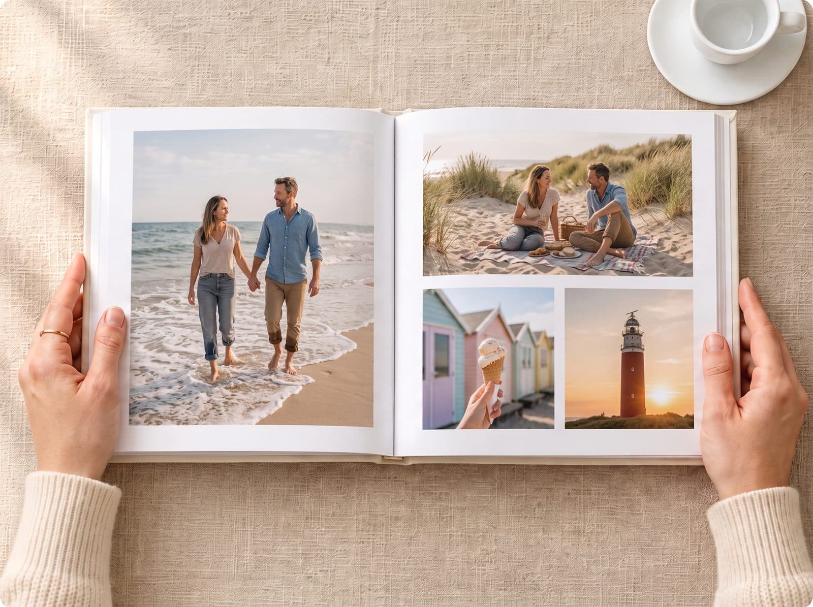 Een open fotoboek met zomerfoto's uit Zeeland: een stel in de branding, de duinen, strandhuisjes en een vuurtoren